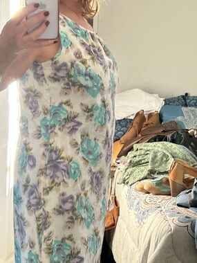 Lands' End White Floral Shift Dress with Teal and Lavender Motif